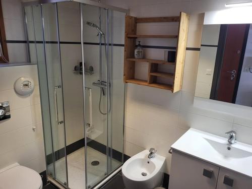 La salle de bains est pourvue d'une douche, de toilettes et d'un lavabo. dans l'établissement Appartement Montgenèvre, 3 pièces, 4 personnes - FR-1-266-213, à Montgenèvre
