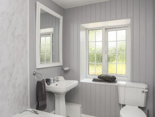 ein weißes Badezimmer mit Toilette und Waschbecken in der Unterkunft Frongoch Cottage in Pentraeth