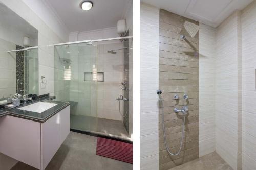 two pictures of a bathroom with a shower and a sink at Serene Villa by StayVista - A Hill-View Villa with Plunge pool in Karjat
