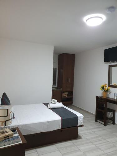 a bedroom with a bed and a desk and a television at Hotel Quinta Las Fuentes Bernal in Bernal