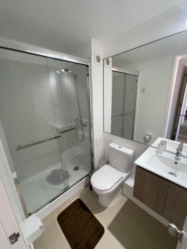 a bathroom with a shower and a toilet and a sink at Cómodo departamento a pasos de la playa in La Serena