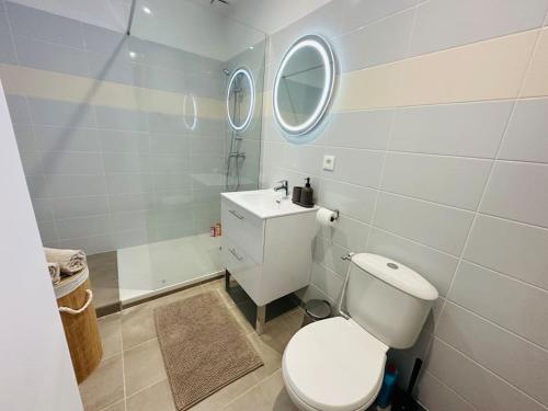 ein Badezimmer mit einem WC, einem Waschbecken und einem Spiegel in der Unterkunft Hypercentre - FREE Parking - clim - wifi - netflix in Libourne