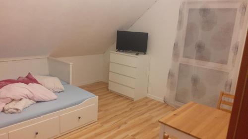 1 dormitorio con cama y vestidor con TV en Schönes Zimmer in der Wetterau, en Ranstadt
