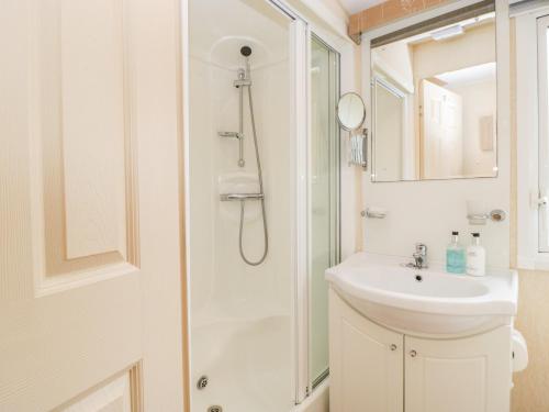 een badkamer met een douche en een wastafel bij Owl in Leominster