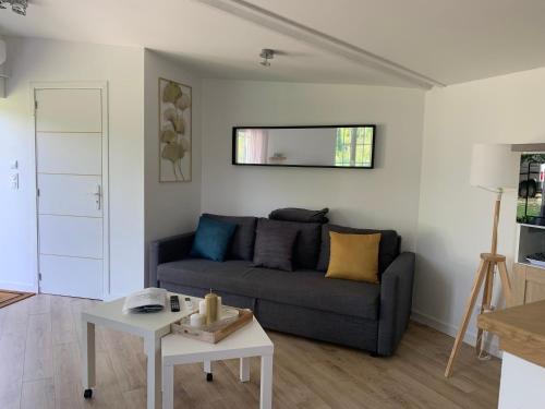 un salon avec un canapé et une table dans l'établissement joli logement indépendant, à Mont-près-Chambord