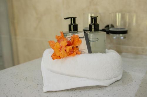 a towel holder with a book and flowers on a bathroom counter at Macmillan's Holiday Villas in Grand'Anse Praslin
