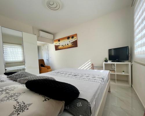 内坦亚Beachfront Studio, fully equipped的一间卧室，配有两张床和一台平板电视