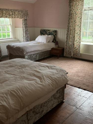 a bedroom with two beds and two windows at Gurteen farm house in Clonmel