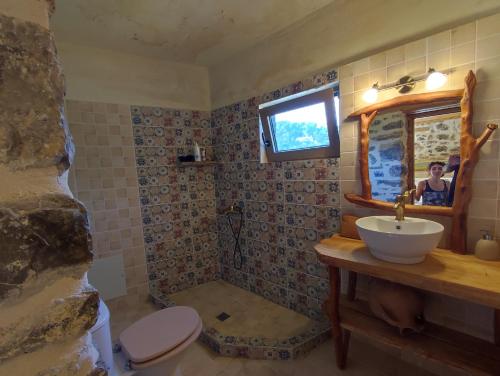uma casa de banho com um lavatório, um WC e um espelho. em Kato Symi house em Káto Sími