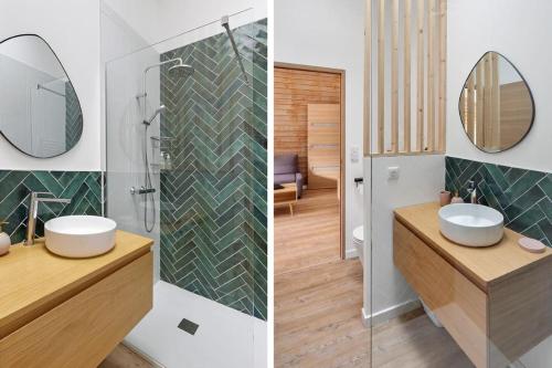 zwei Bilder eines Badezimmers mit Waschbecken und Spiegel in der Unterkunft L'Annexe - Maison cosy au calme avec jardin in Gorges