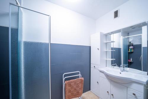 une salle de bain avec un lavabo et une douche en verre dans l'établissement Soleil et Mer - Appt climatisé proche plage, à Saint-Cyprien