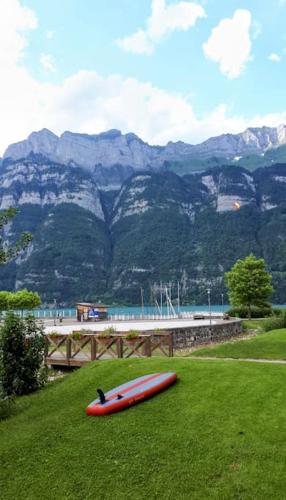 a red kayak laying on the grass in front of a mountain at Wonderful holiday home on the shore of Walensee in Unterterzen