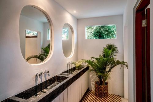 a bathroom with two mirrors and a potted plant at Batu Belig Living Managed by CPM Bali in Seminyak