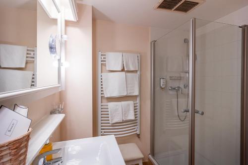 a bathroom with a shower and a white sink at Hotel-Restaurant Burg Hornberg in Neckarzimmern