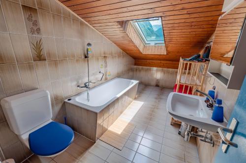 a bathroom with a tub and a toilet and a sink at Lizard House in Cevio