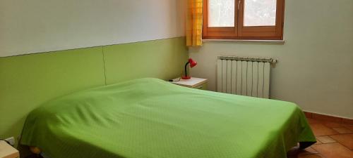 a green bedroom with a bed and a window at Taormina al mare Villetta in Mazzeo