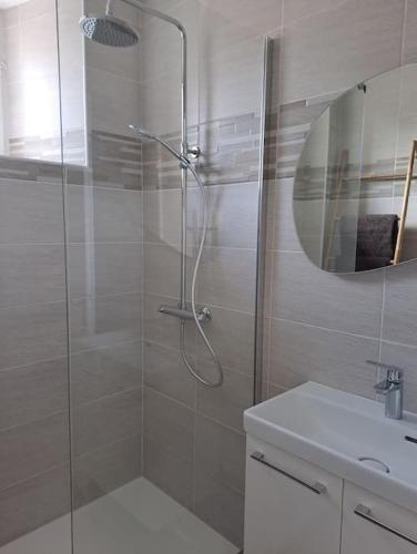 una ducha con una puerta de cristal junto a un lavabo en Chez Béatrice, en Saint-Jouan-des-Guérets