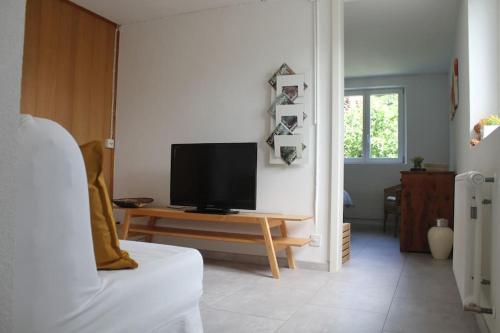 a living room with a television on a table at NEB-THUN Studio am Thunersee in Thun