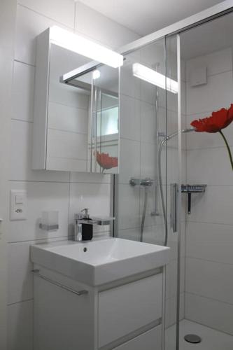 a white bathroom with a sink and a shower at NEB-THUN Studio am Thunersee in Thun