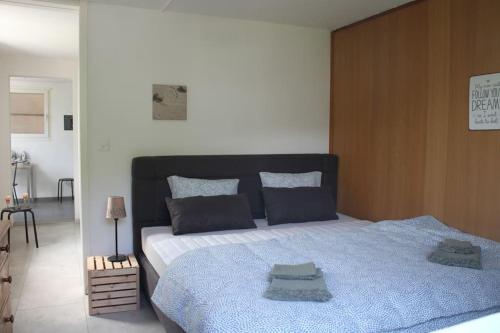 a bedroom with a large bed with a blue blanket at NEB-THUN Studio am Thunersee in Thun
