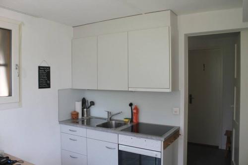 a kitchen with white cabinets and a sink at NEB-THUN Studio am Thunersee in Thun
