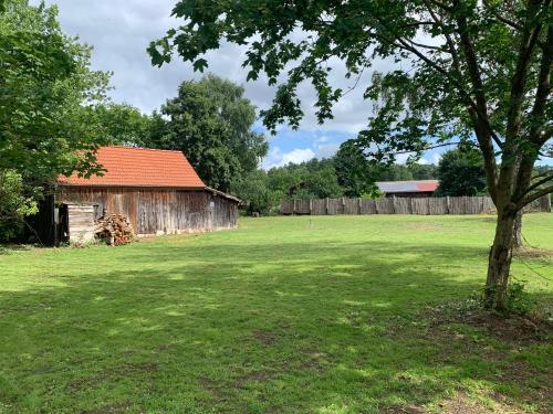 a field with an old barn and a tree at Forsthaus Zartwitzer Hütte in Rechlin
