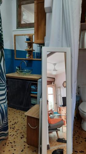 un bagno con lavandino, WC e specchio di Kaz'Azula a Saint-François