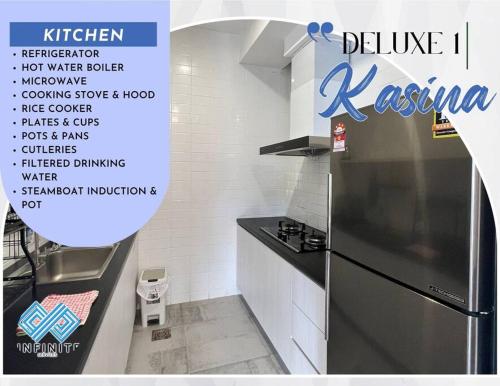 a magazine advertisement for a kitchen with a refrigerator at Roxy Sematan Beach Townhouse Deluxe , 1 & 2 in Sematan