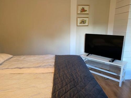 a bedroom with a bed and a flat screen tv at Lugnt,centralt, parkering,altan. in Växjö