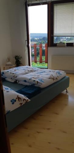 twee bedden in een kamer met een raam bij Pokoj s balkónem a nádherným výhledem do přírody in Chrudim