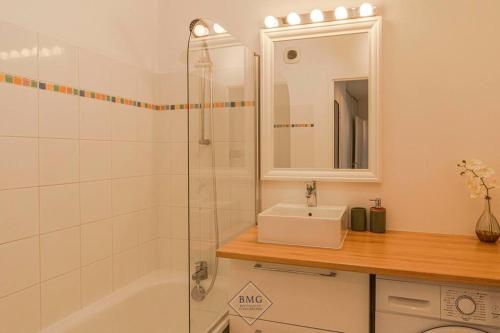 uma casa de banho com um lavatório e um chuveiro em Place Toscane Disneyland em Serris
