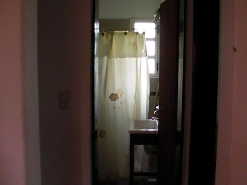a bathroom with a shower curtain and a window at Brisa de los Molles in Los Molles