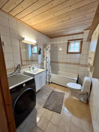 La salle de bains est pourvue d'un lavabo et d'un lave-linge. dans l'établissement Cozy Scandinavian apartment central in Oslo - free parking and close to many amenities, à Grorud