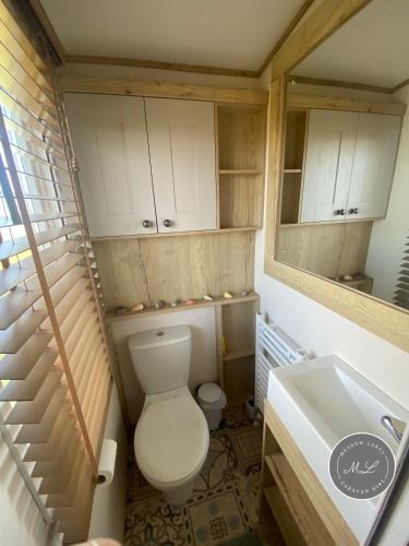 a small bathroom with a toilet and a sink at Waterside mini lodge - pet friendly, WiFi, direct beach access & club on site - Meadow Lakes Caravan & Lodge Hire in Ingoldmells