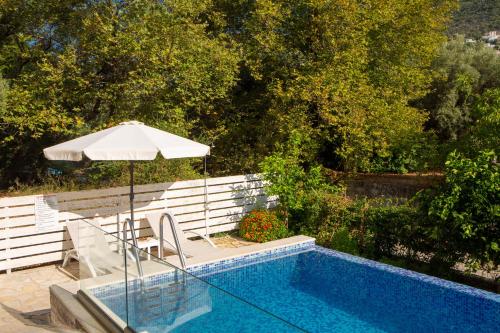 uma piscina com um guarda-sol e uma cadeira e uma mesa com um guarda-sol em Zisis Suites em Nydri