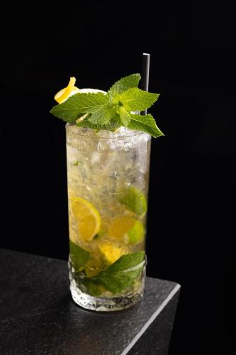 a drink with lemon and mint on a table at Hotel Meta Resort & Vine SPA in Szczyrk