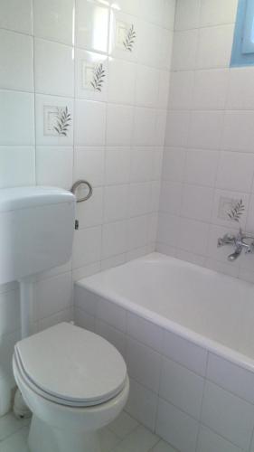 uma casa de banho branca com um WC e uma banheira em Villa Antoinette em Metímna
