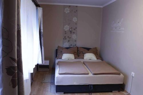 een slaapkamer met een bed in een kamer met een raam bij Hócza Apartman in Bogács