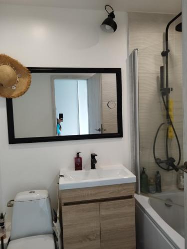 een badkamer met een wastafel, een spiegel en een toilet bij Flat in Mazeikiai centre in Mažeikiai