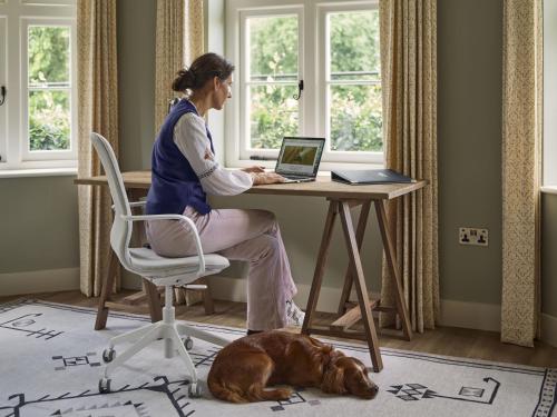 a woman sitting at a desk with a laptop and a dog at Bridge House at Woodhall Estate in Hertford