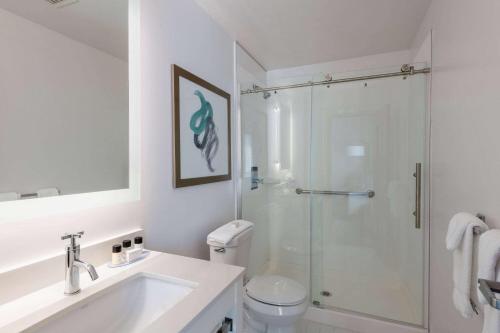 a bathroom with a shower and a sink and a toilet at TRYP by Wyndham Tallahassee North I-10 Capital Circle in Tallahassee