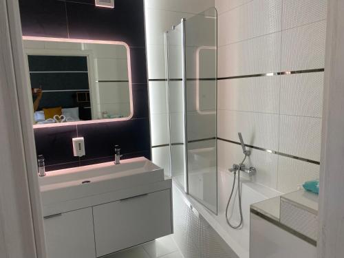 a bathroom with a sink and a glass shower at Just for You in Nyíregyháza