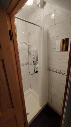 La salle de bains est pourvue d'une douche avec rideau de douche. dans l'établissement My Little Home, à Letterkenny