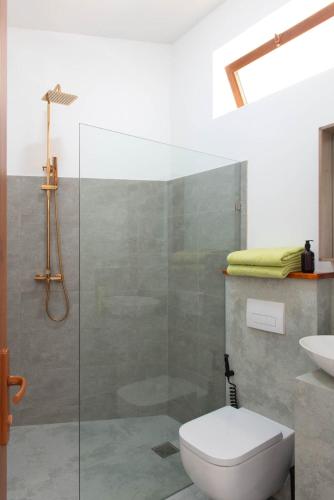 a bathroom with a shower and a toilet and a sink at S&S HOTEL in Jambiani