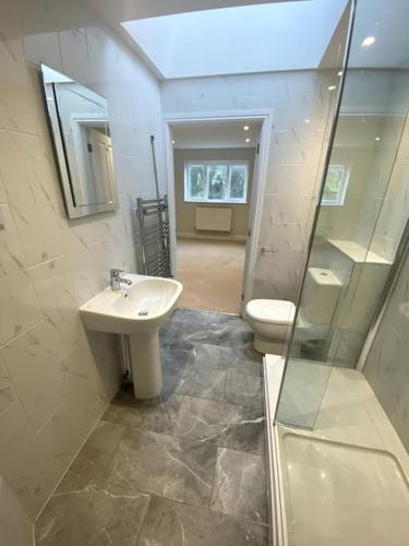 a bathroom with a sink and a toilet and a shower at Cotswold Cottage in Cheltenham