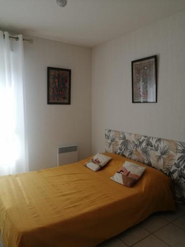 ein Schlafzimmer mit einem großen Bett mit zwei Kissen darauf in der Unterkunft Appartement 3pcs terrasse, calme in Mèze