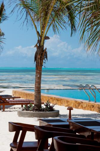 a beach with tables and a palm tree and the ocean at S&S HOTEL in Jambiani
