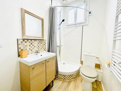 La salle de bains est pourvue de toilettes, d'un lavabo et d'une douche. dans l'établissement F2 Golden Lounge, Hyper Centre, Parking, à Nantes