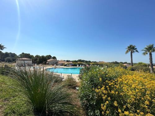 a view of a swimming pool with palm trees and flowers at Villa le Castellet et proche circuit Paul-Ricard à 20 mn de la Mer in Signes