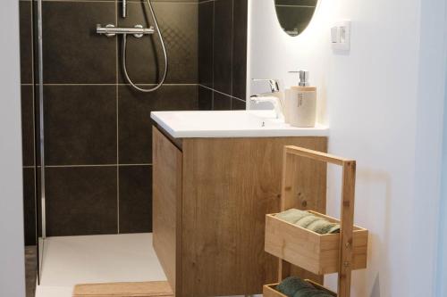 een badkamer met een wastafel en een douche bij De verloren hoek in Aarschot